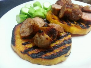 Grilled butternut squash with sausage and luffa - how gorgeous are those grill lines??