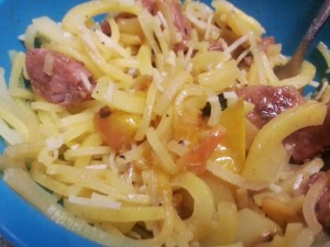 Voila - dinner is served, in a blue tupperware bowl