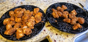Baked on the left, fried on the right. Fried is crispier, of course.